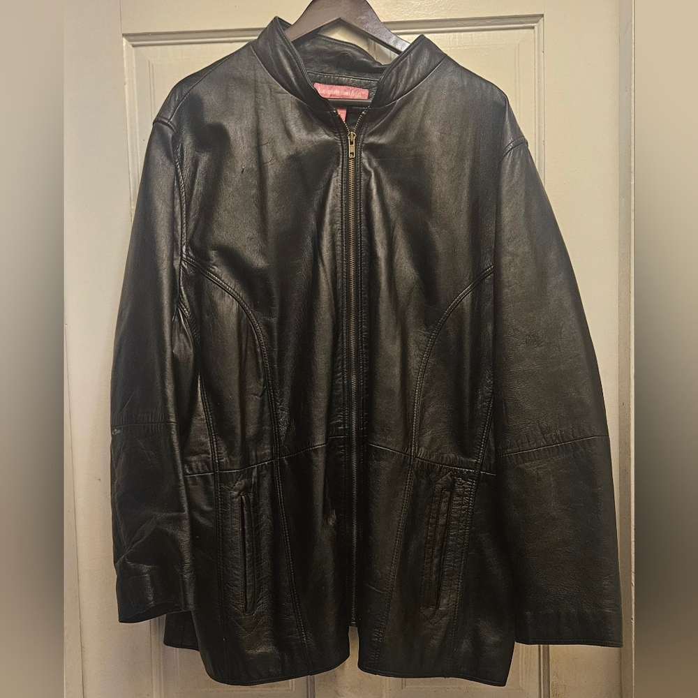 Woman Within Black Genuine Leather Jacket, Zip Front, Size 26W